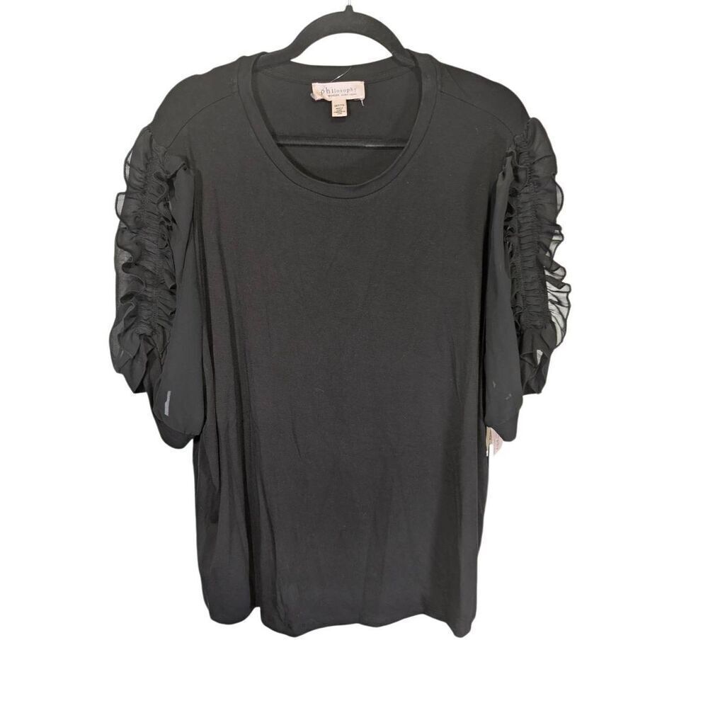 NWT Philosophy Black Boxy Viscose Blend Ruffled Short Sleeve Blouse Women's 3 XL